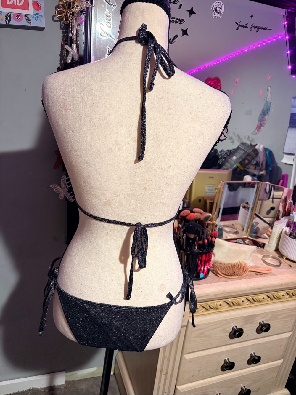 NWOT Black Sparkle Triangle Bikini Set Swim 👙 Small Multi way Triangle Tie - Picture 3 of 4